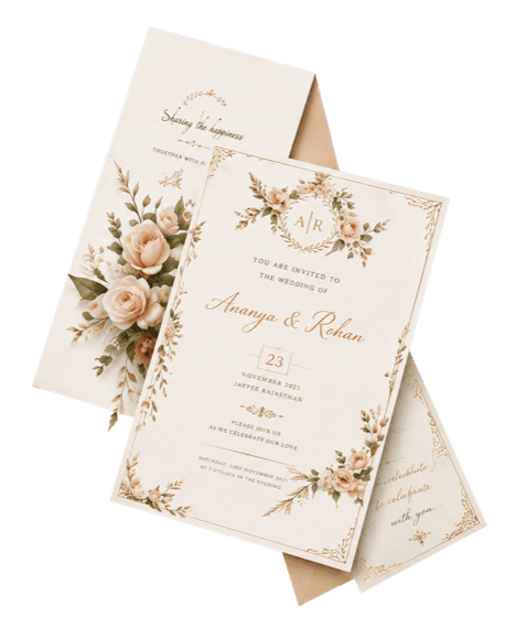 A stack of printed wedding invitation cards